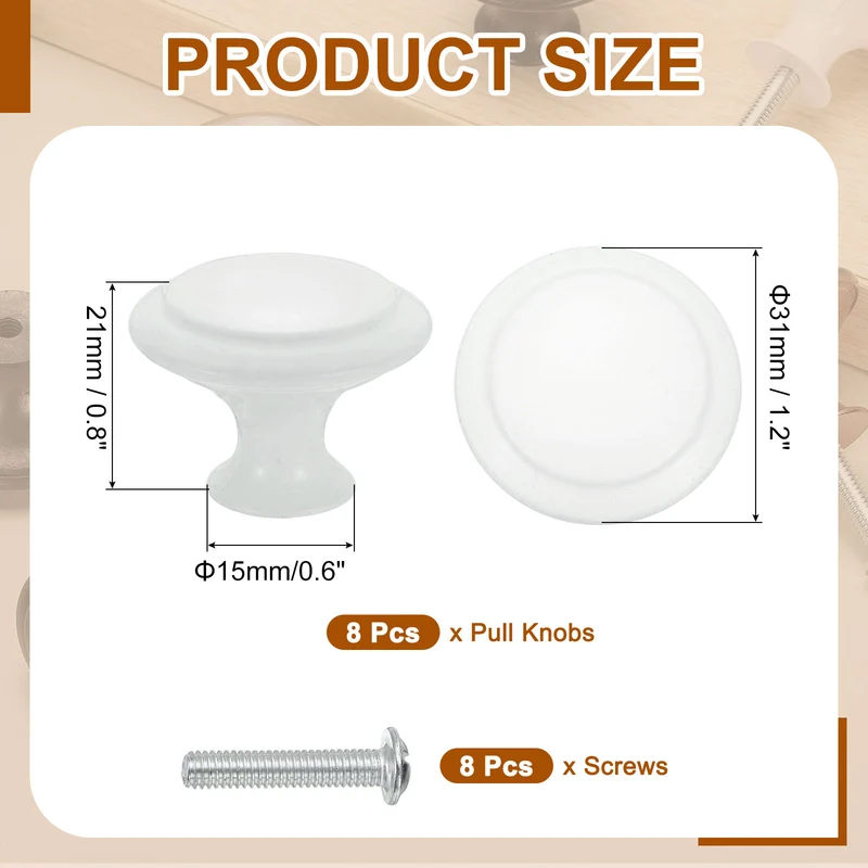 8 Pcs Stainless Steel Knobs, Single Hole Pull with Screw, 30mm White