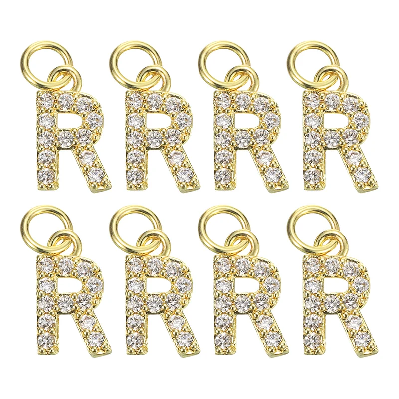 Rhinestone Letter Charm, 8pcs 3.2mm Copper R Letter Charm, Golden