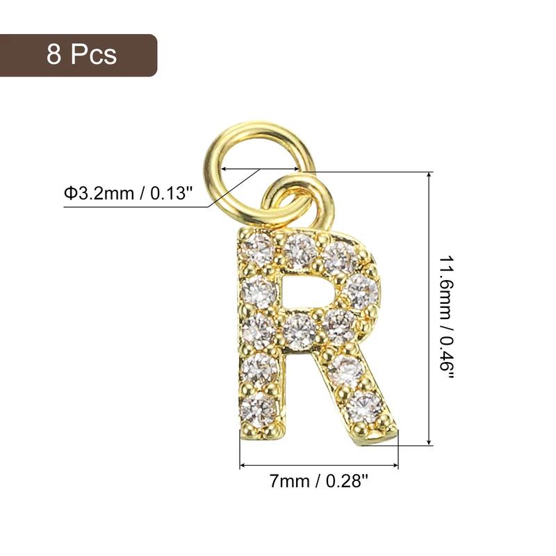 Rhinestone Letter Charm, 8pcs 3.2mm Copper R Letter Charm, Golden