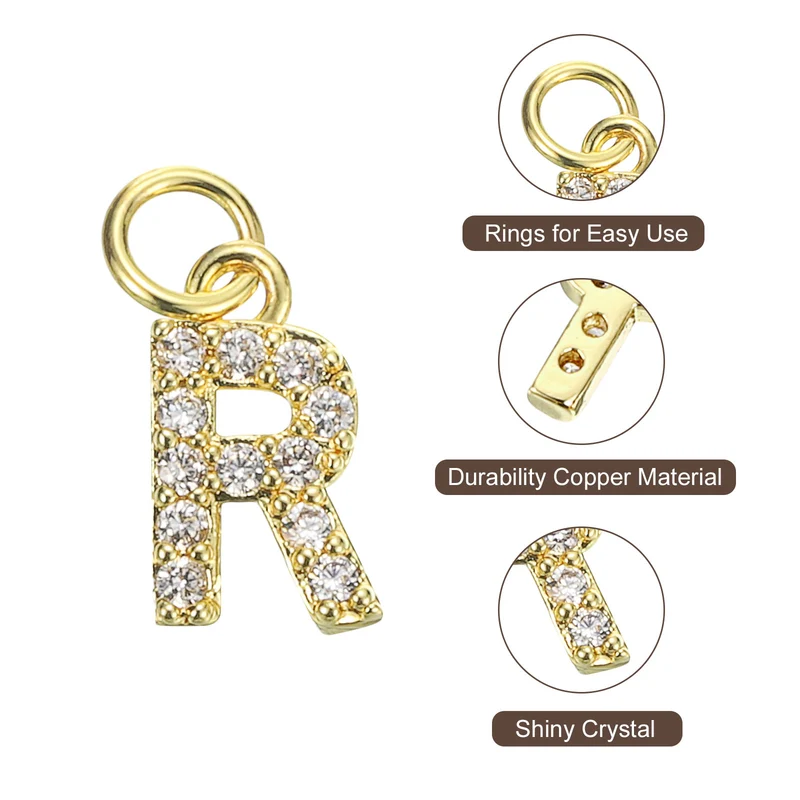 Rhinestone Letter Charm, 8pcs 3.2mm Copper R Letter Charm, Golden
