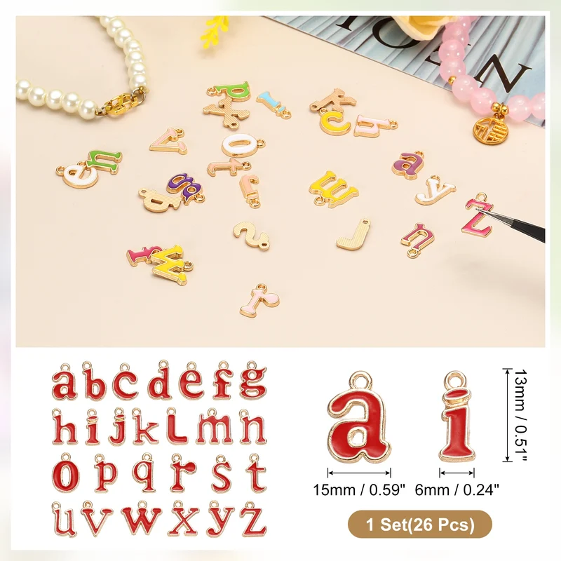 26Pcs A-Z Alphabet Letters Charm, Enamel Letter Charm, Red