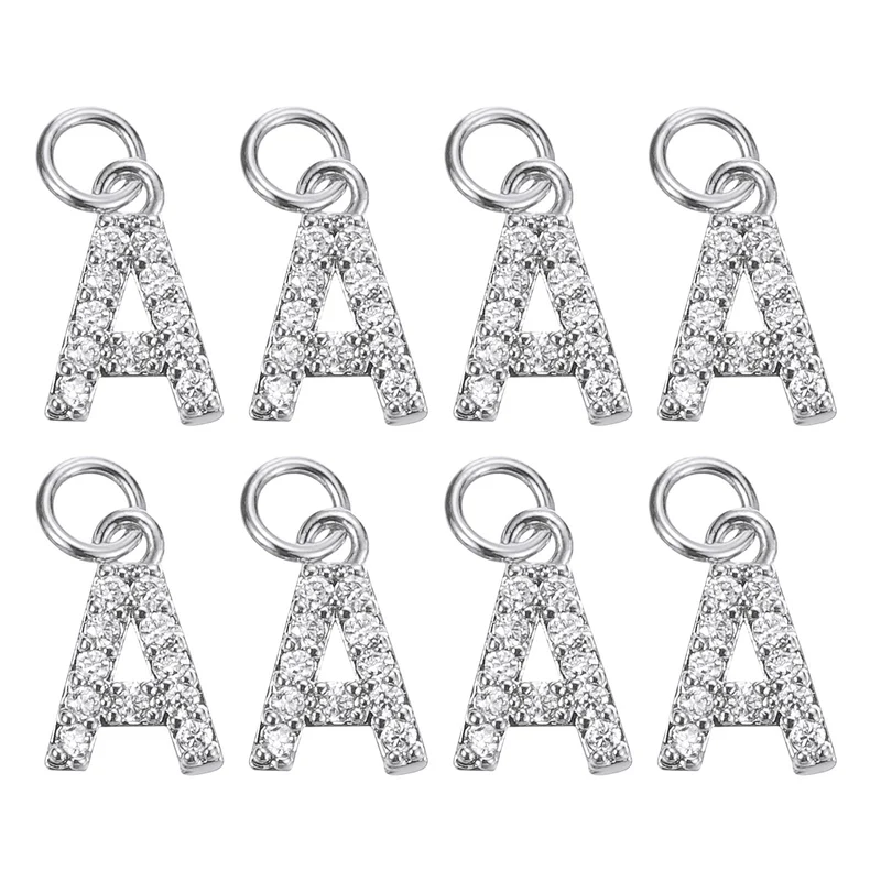 Rhinestone Letter Charm, 8pcs 3.2mm Copper A Letter Charm, White Gold