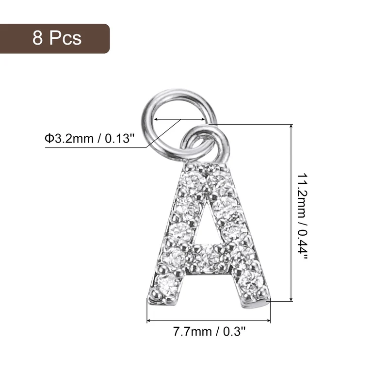 Rhinestone Letter Charm, 8pcs 3.2mm Copper A Letter Charm, White Gold