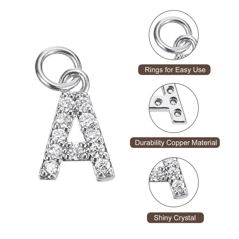 Rhinestone Letter Charm, 8pcs 3.2mm Copper A Letter Charm, White Gold