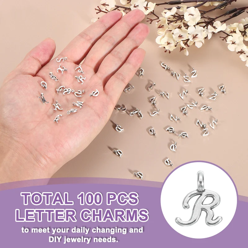 100Pcs A-Z Alphabet Charm, Metal Alphabet R Letter Charm Initial Charm, Silver