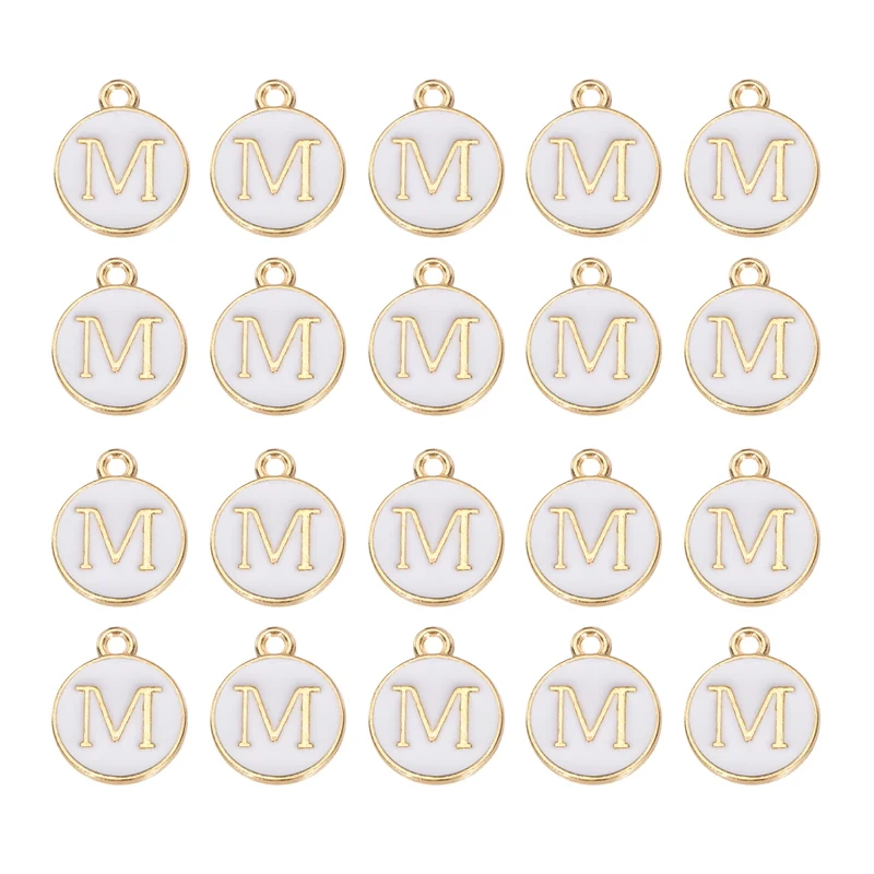 36pcs Letter M Pendants Double Sided Charm Enamel Alphabet Pendant Gold & White