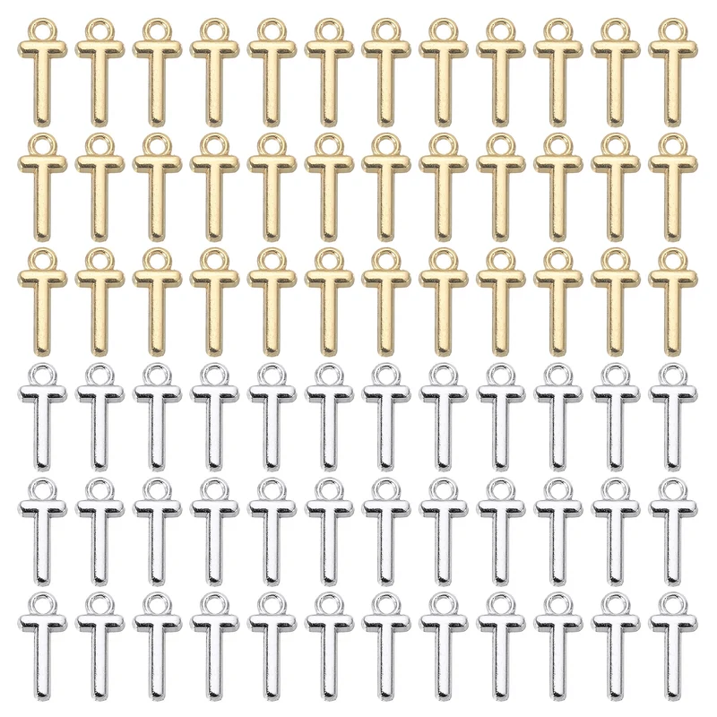 0.3" Letter Charm A-Z for Jewelry Making - T (100 Pack, Bright Silver/Dark Gold)
