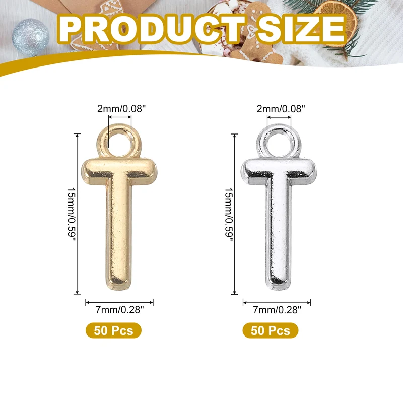 0.3" Letter Charm A-Z for Jewelry Making - T (100 Pack, Bright Silver/Dark Gold)