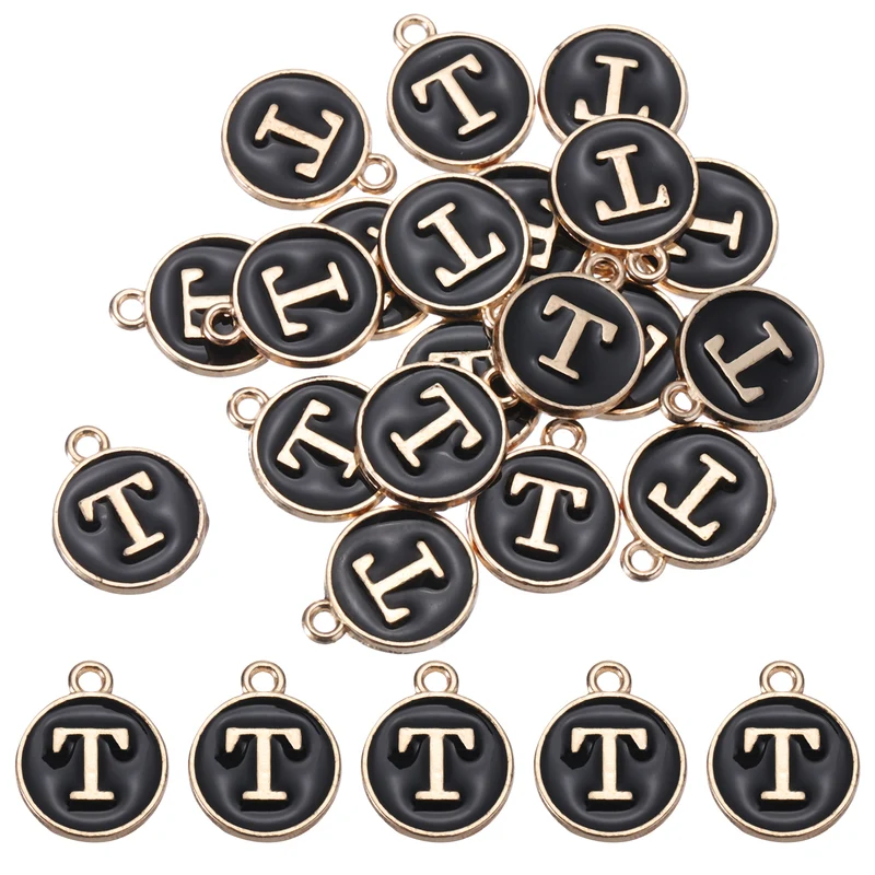 Alphabet t Letter Charm Double Sided Enamel Initial Alphabet Pendant Black 20pcs