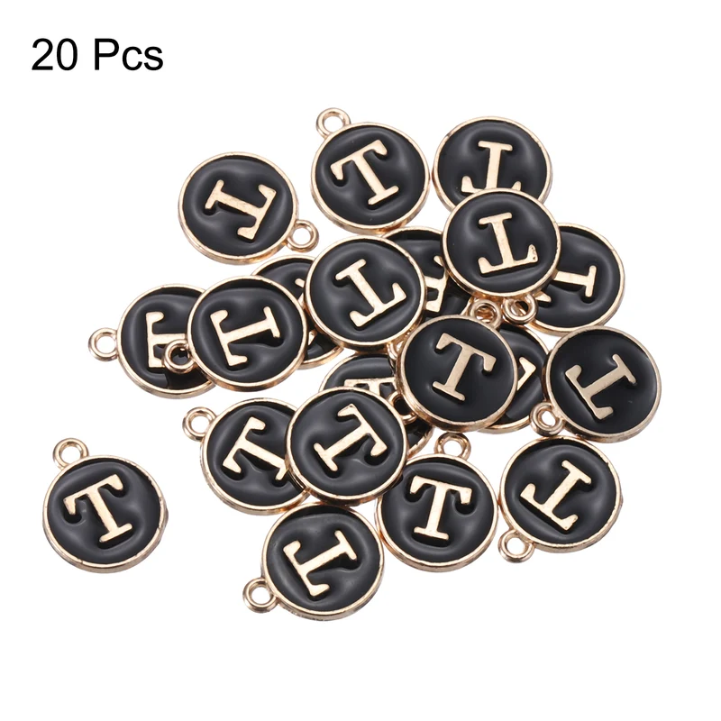 Alphabet t Letter Charm Double Sided Enamel Initial Alphabet Pendant Black 20pcs