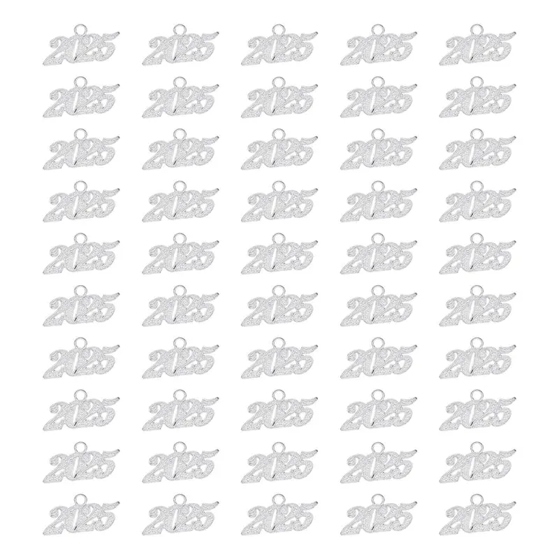 2025 Graduation Tassel Charm, 50 Pcs Alloy 2025 Year Large Letter Charm, Silver