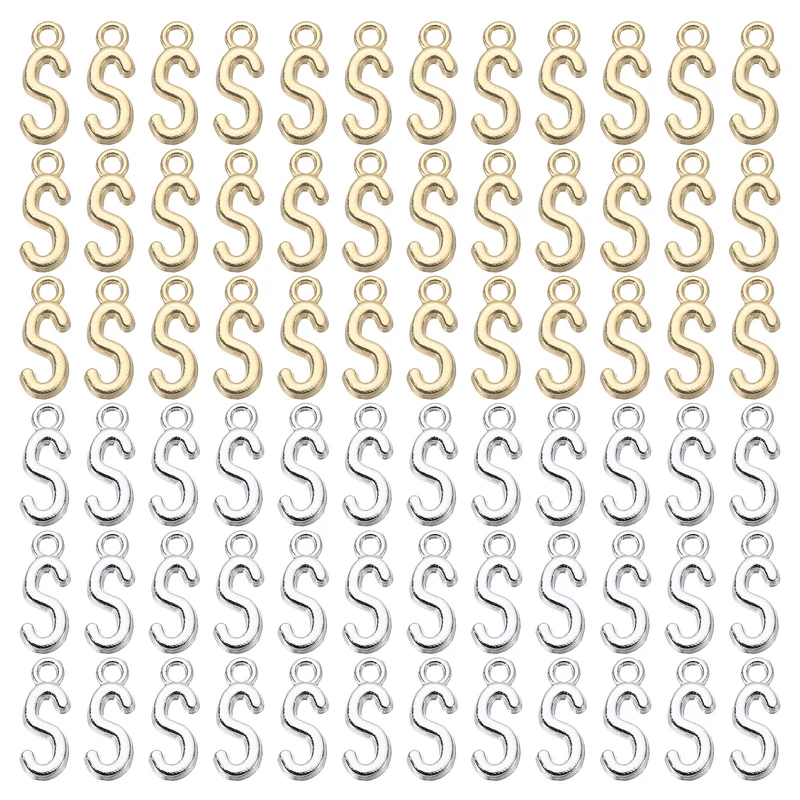 0.3" Letter Charm A-Z for Jewelry Making - S (100 Pack, Bright Silver/Dark Gold)