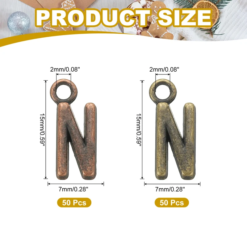 0.3" Letter Charm A-Z for Jewelry Making - N (100 Pack, Dark Cyan/Red Bronze)