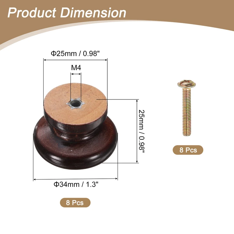 8pcs Wooden Knobs 34mm/1.3" Mushroom Shape Single Hole Drawer Dark Brown