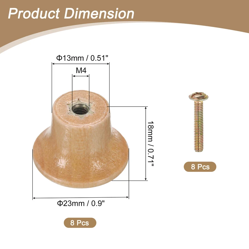 8pcs Wooden Knobs 23mm/0.9" Mushroom Shape Single Hole Drawer Light Brown