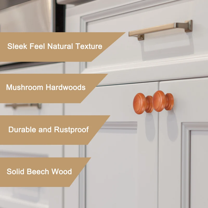 8pcs Wooden Knobs, 28mm/1.1" Mushroom Shape Single Hole Drawer, Khaki