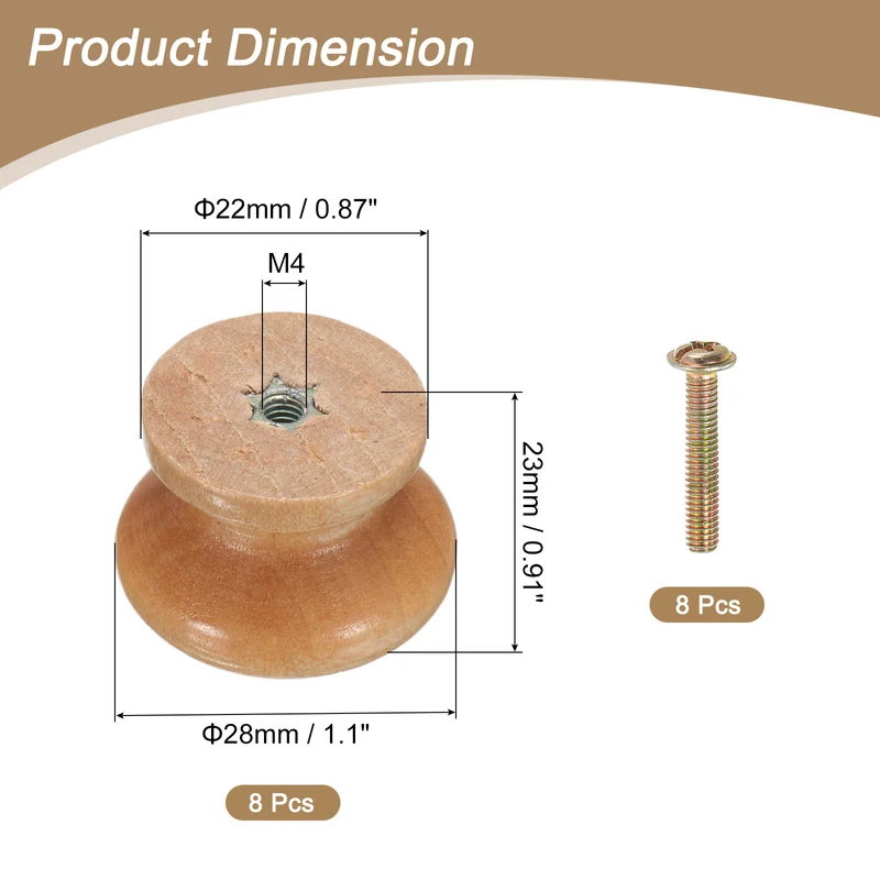 8pcs Wooden Knobs 28mm/1.1" Mushroom Shape Single Hole Drawer Light Brown