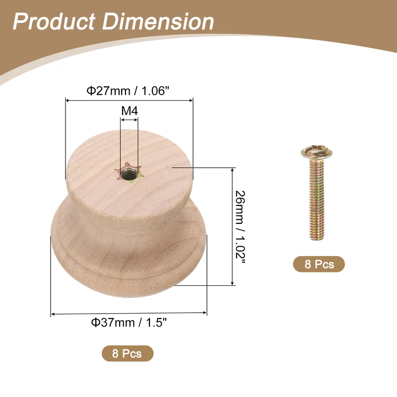 8pcs Wooden Knobs 37mm/1.5" Mushroom Shape Single Hole Drawer Wooden