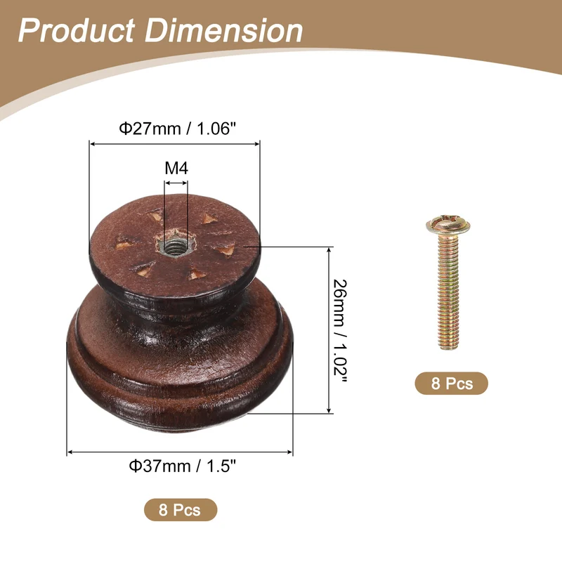 8pcs Wooden Knobs 37mm/1.5" Mushroom Shape Single Hole Drawer Dark Brown