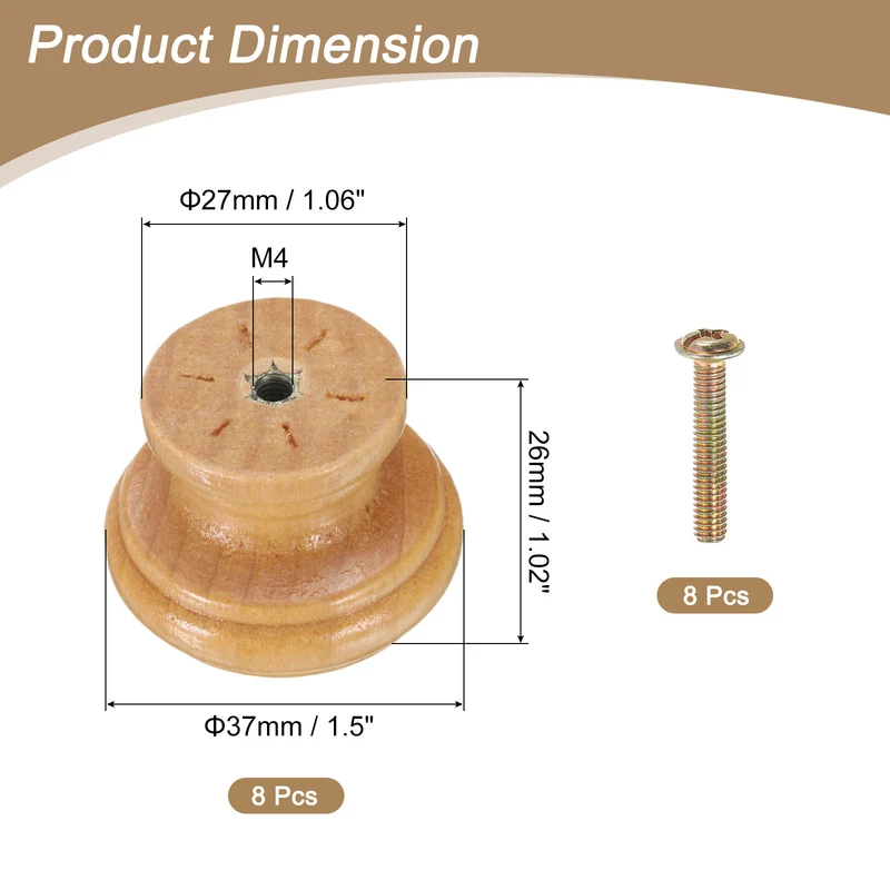 8pcs Wooden Knobs 37mm/1.5" Mushroom Shape Single Hole Drawer Light Brown