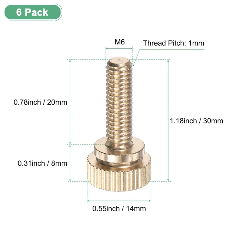 6-Pack Knurled Thumb Screws, M6x20mm Solid Brass Knobs Bolts