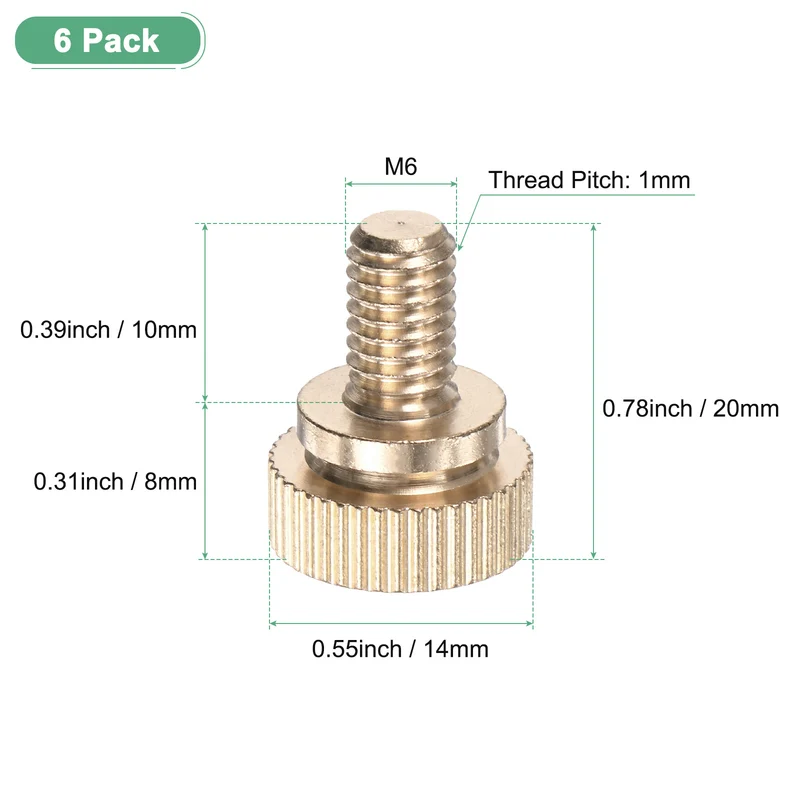 6-Pack Knurled Thumb Screws, M6x10mm Solid Brass Knobs Bolts