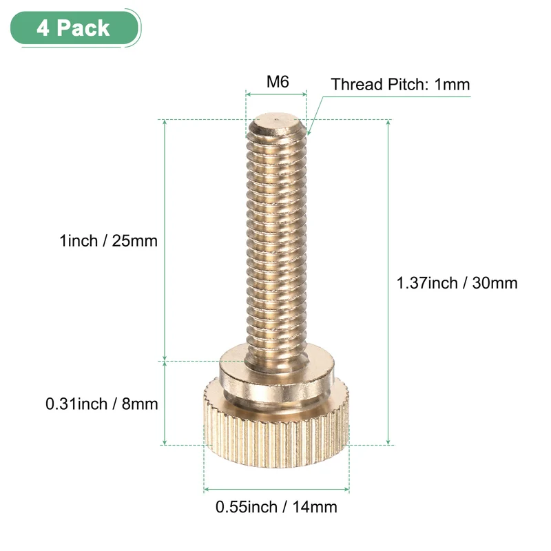 4-Pack Knurled Thumb Screws, M6x25mm Solid Brass Knobs Bolts