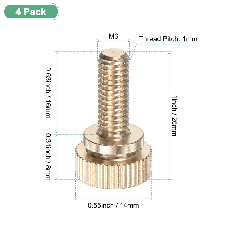4-Pack Knurled Thumb Screws, M6x16mm Solid Brass Knobs Bolts