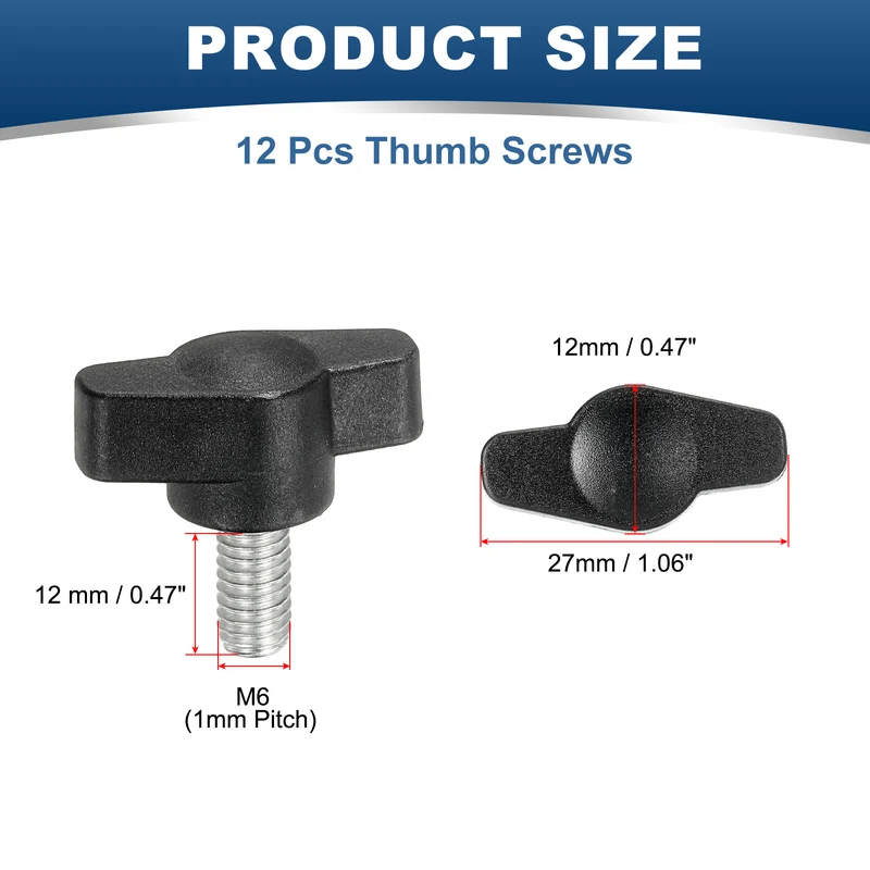 12 Pcs M6 x 12mm Tee Thumb Screws, 27mm Width Carbon Steel Tee Wing Knobs Screws