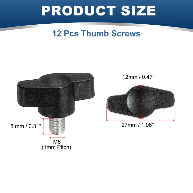 12 Pcs M6 x 8mm Tee Thumb Screws, 27mm Width Carbon Steel Tee Wing Knobs Screws