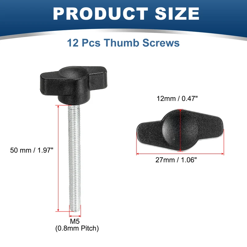 12 Pcs M5 x 50mm Tee Thumb Screws, 27mm Width Carbon Steel Tee Wing Knobs Screws
