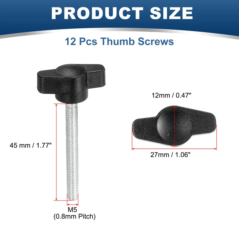 12 Pcs M5 x 45mm Tee Thumb Screws, 27mm Width Carbon Steel Tee Wing Knobs Screws