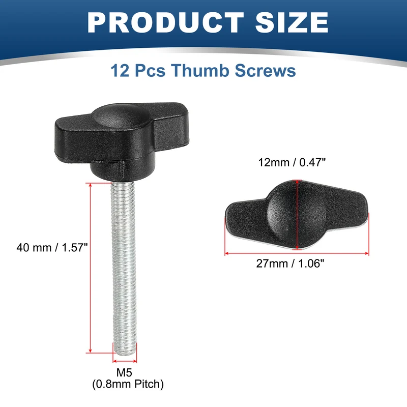 12 Pcs M5 x 40mm Tee Thumb Screws, 27mm Width Carbon Steel Tee Wing Knobs Screws