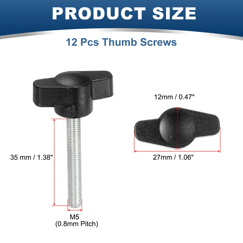 12 Pcs M5 x 27mm Tee Thumb Screws, 27mm Width Carbon Steel Tee Wing Knobs Screws