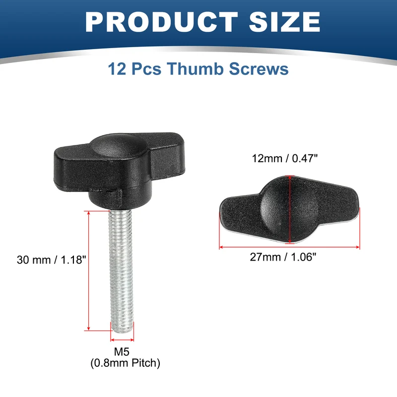 12 Pcs M5 x 30mm Tee Thumb Screws, 27mm Width Carbon Steel Tee Wing Knobs Screws