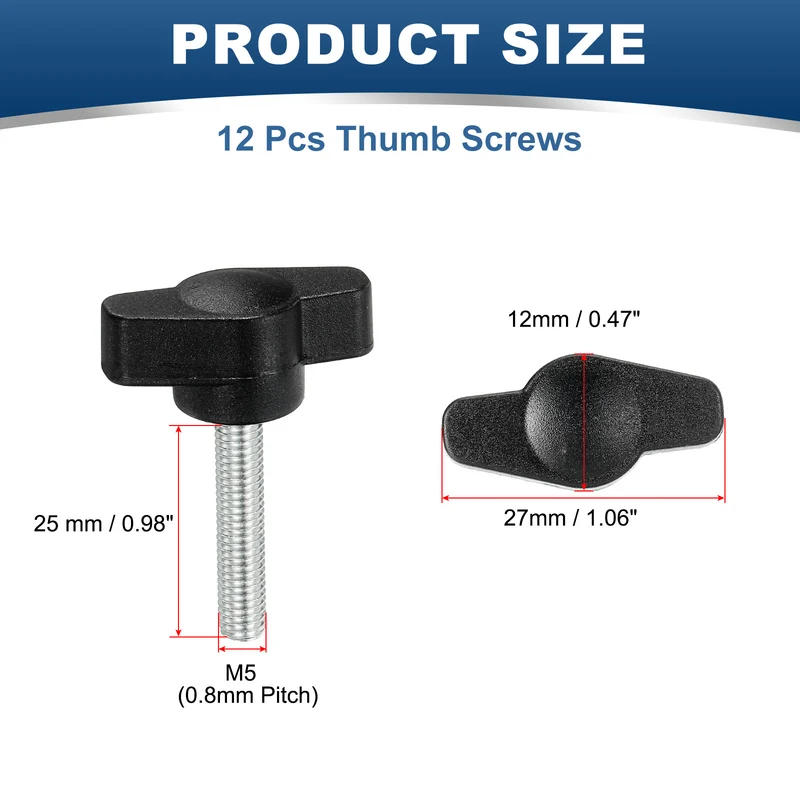 12 Pcs M5 x 25mm Tee Thumb Screws, 27mm Width Carbon Steel Tee Wing Knobs Screws