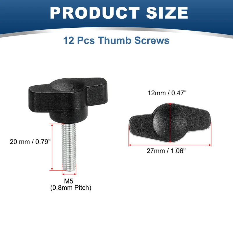 12 Pcs M5 x 20mm Tee Thumb Screws, 27mm Width Carbon Steel Tee Wing Knobs Screws