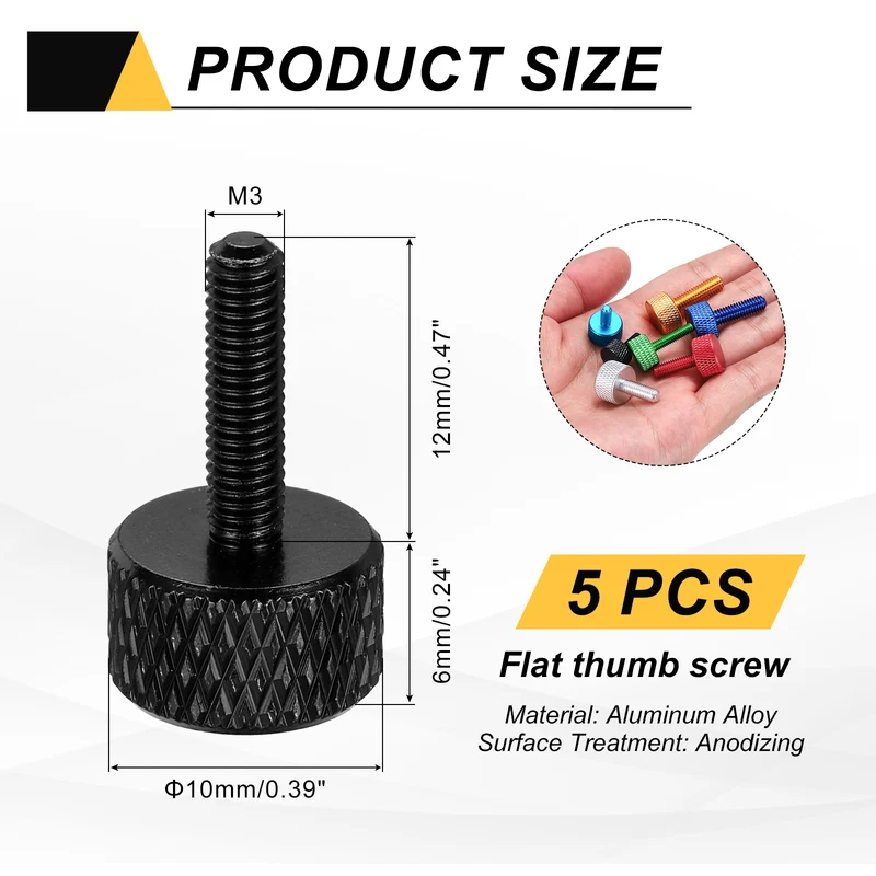 5Pcs M3x12mm Flat Head Knurled Thumb Screws for Graphics Card Black