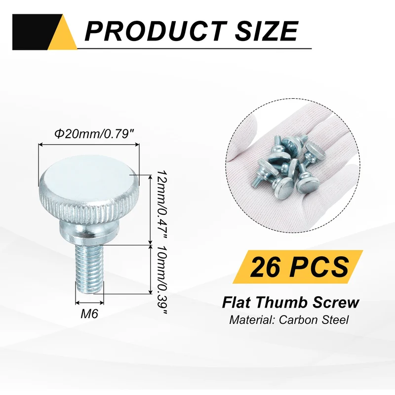 26 Pcs M6x10mm Zinc Plated Flat Knurled Fully Threaded Thumb Screws
