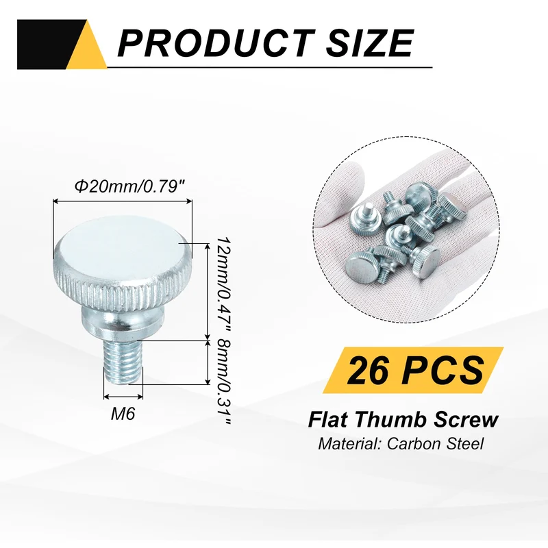 26 Pcs M6x8mm Zinc Plated Flat Knurled Fully Threaded Thumb Screws