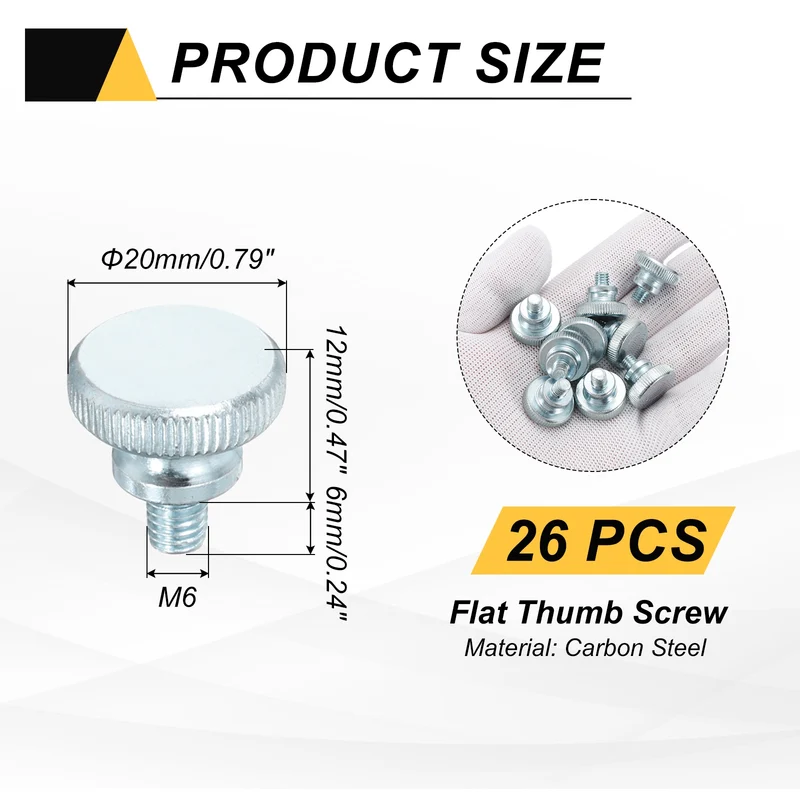 26 Pcs M6x6mm Zinc Plated Flat Knurled Fully Threaded Thumb Screws