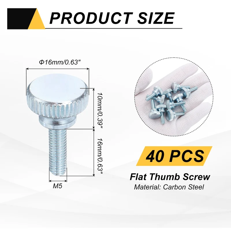 40 Pcs M5x16mm Zinc Plated Flat Knurled Fully Threaded Thumb Screws