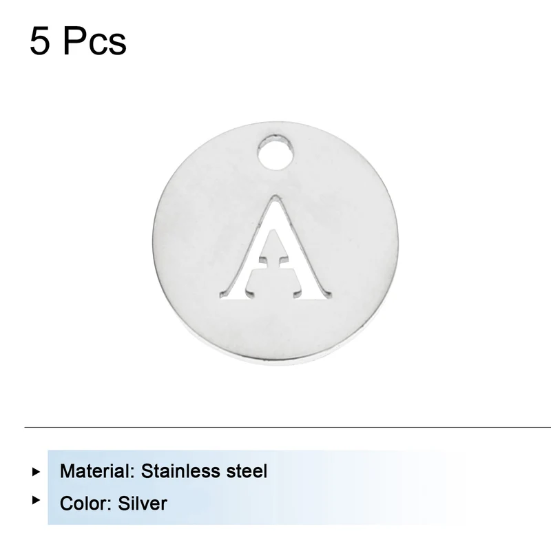 Alphabet Letter Charm Letter a 12mm(1/2") Round Alphabet Charm Silver Tone 5 Pcs