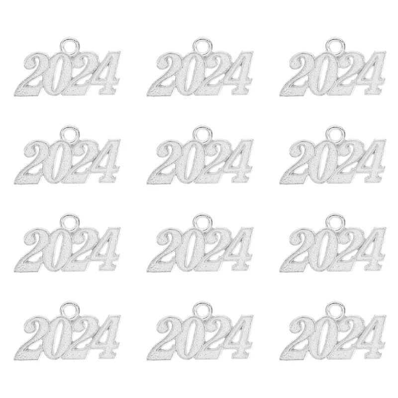 2024 Graduation Tassel Charm, 12 Pcs Alloy 2024 Year Medium Letter Charm, Silver