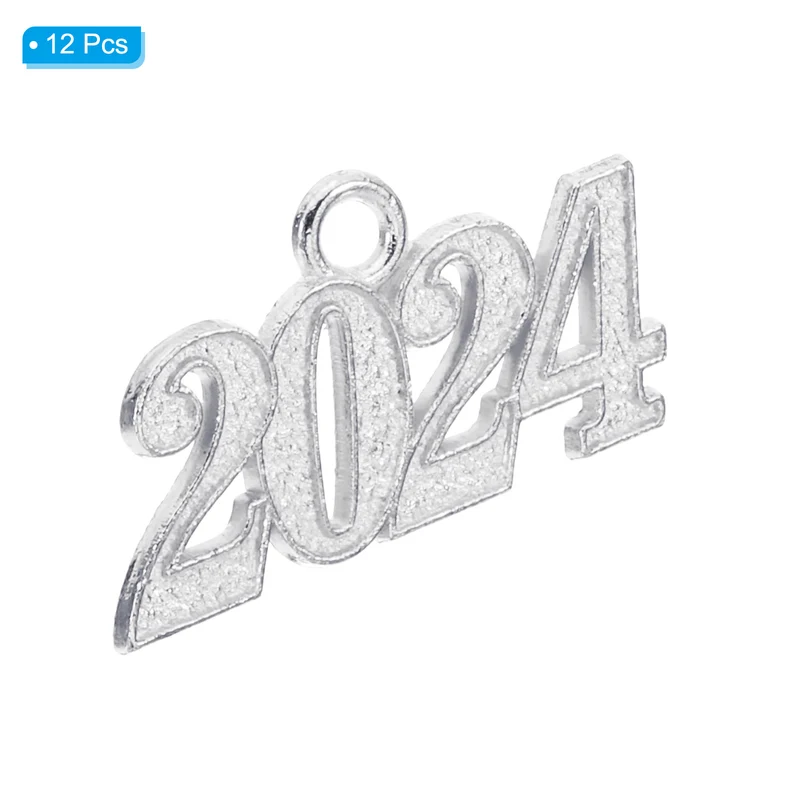 2024 Graduation Tassel Charm, 12 Pcs Alloy 2024 Year Medium Letter Charm, Silver