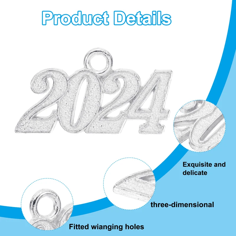 2024 Graduation Tassel Charm, 12 Pcs Alloy 2024 Year Medium Letter Charm, Silver