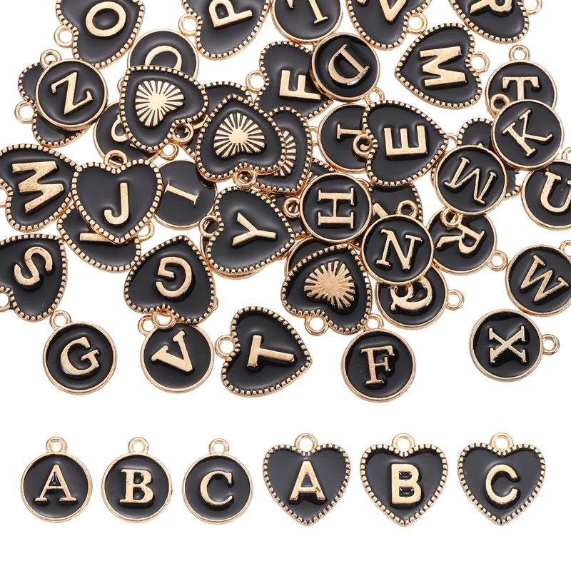 52 Pcs Letter Initial Charm A-Z Heart & Round Letter Charm(Black)