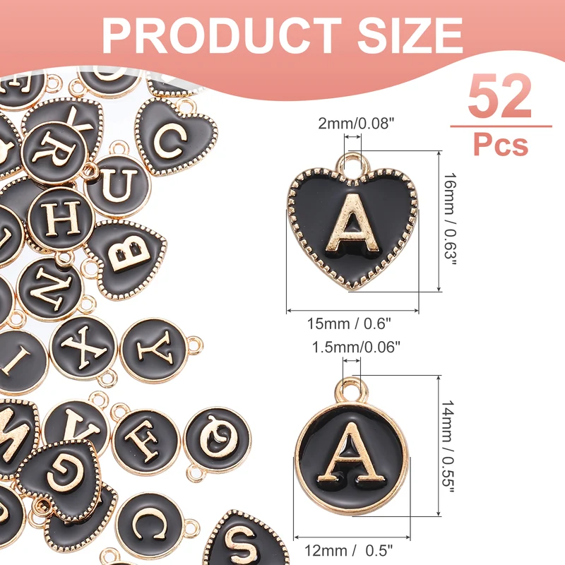 52 Pcs Letter Initial Charm A-Z Heart & Round Letter Charm(Black)