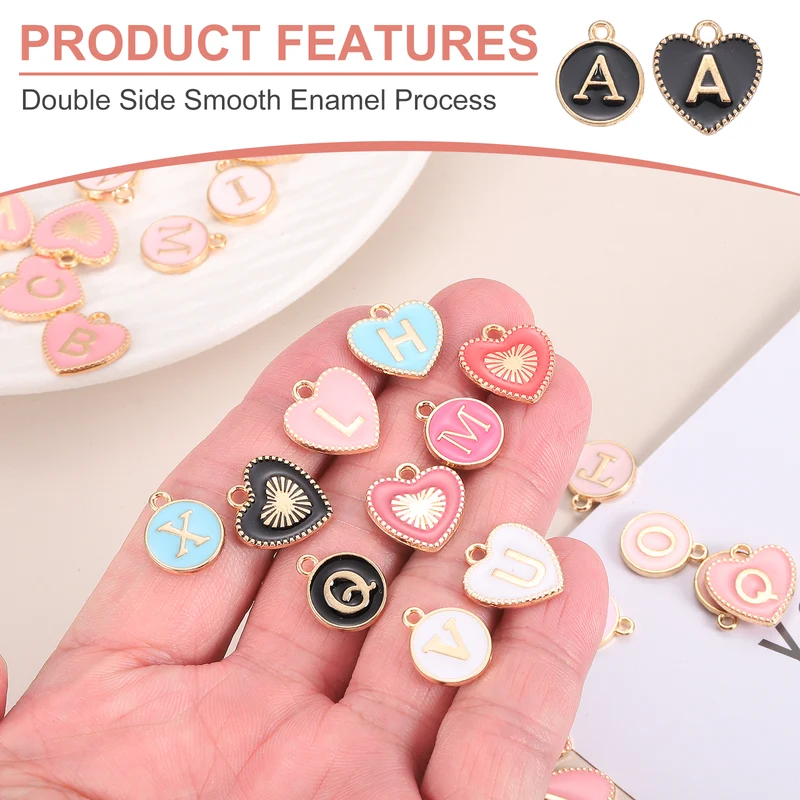 52 Pcs Letter Initial Charm A-Z Heart & Round Letter Charm(Black)