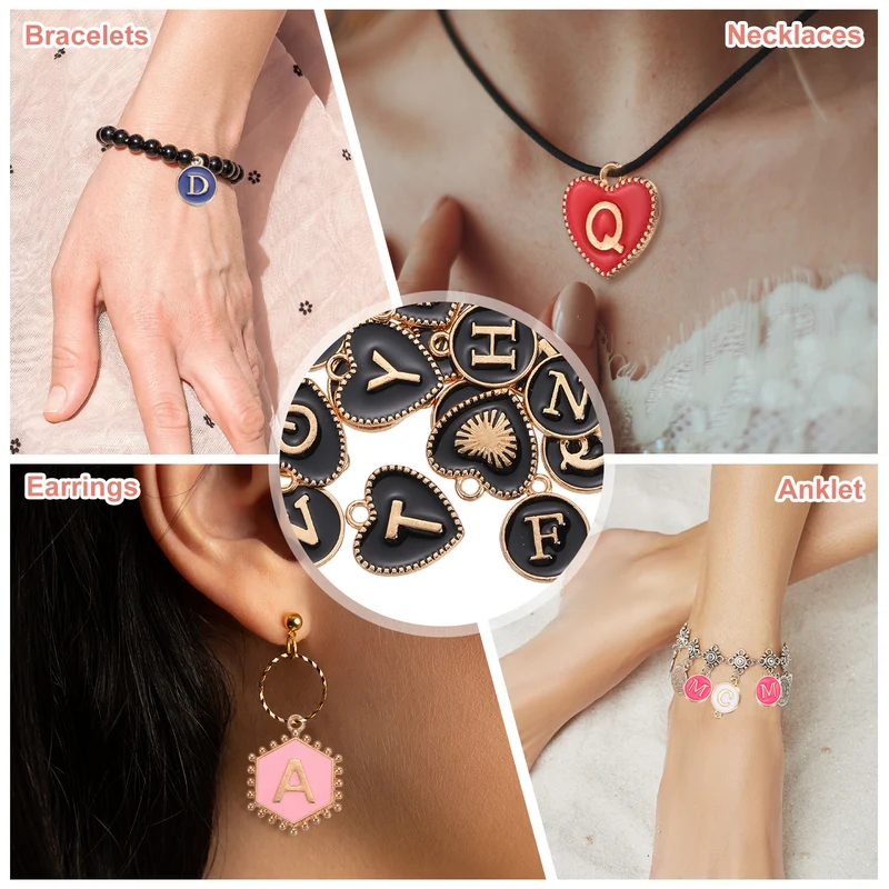 52 Pcs Letter Initial Charm A-Z Heart & Round Letter Charm(Black)